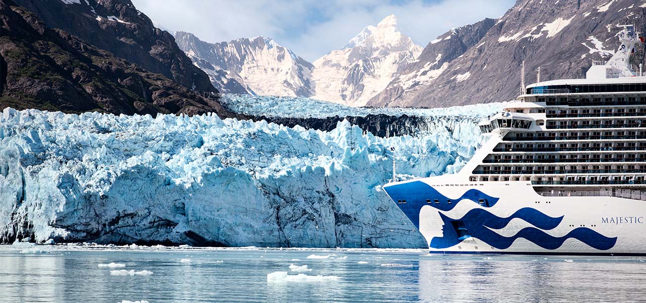 Princess cruise ship sail right next to the glaciers in Alaska.