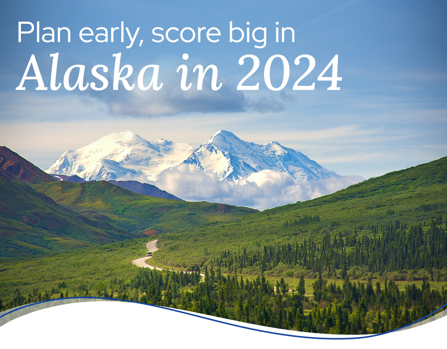 Open green landscape in Alaska with snow covered mountains in the background.Headline reads: Alaska's magic is real.