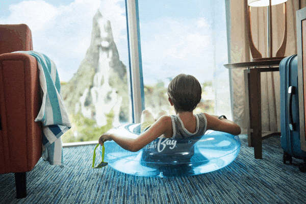 GIF with three images: a child sitting in an inner tube in a room at Cabana Bay Beach Resort and looking out the window at Volcano Bay, riders screaming on Rip Ride Rockit, and a family in front of the Universal Studios globe fountain